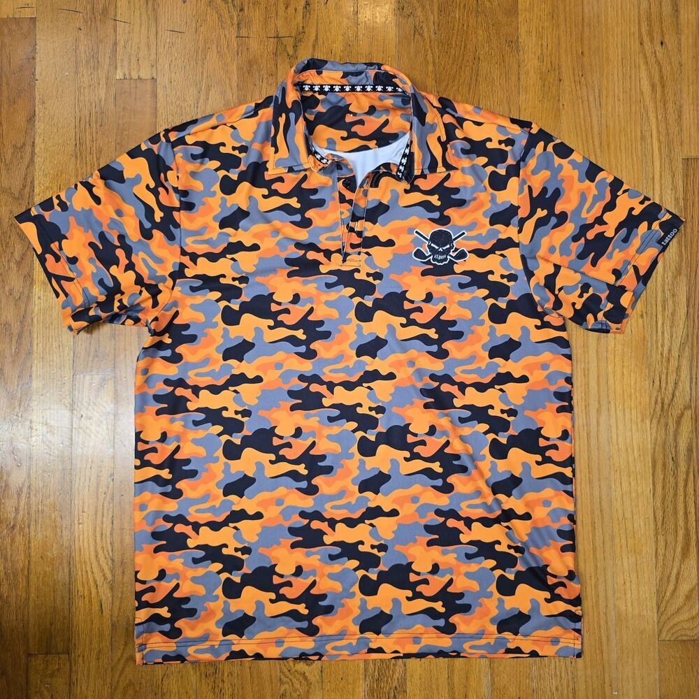 Tattoo Golf Camo Cool Collection Golf Shirt Mens L Orange Camo Stretch Skull